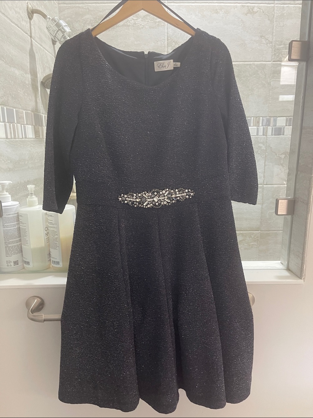 Eliza J Black Sparkle Midi Dress with Jeweled Waist